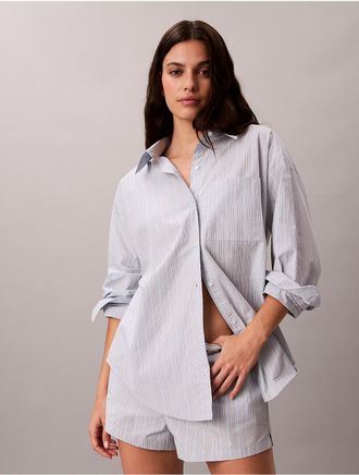 Calvin Klein Womens Cotton Poplin Relaxed Button-Down Sleep Shirt - Blue - XL