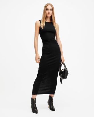 AllSaints Cotton Katarina Boat Neck Bodycon Fit Maxi Dress, Size: UK 14/US 10