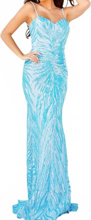 Jovani Embellished Tie Back Dress In Iridescent Blue