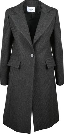 La Kore Dark Grey Fitted Herringbone Wool-Blend Coat