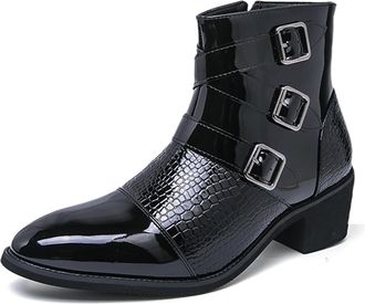 Generic Mens Patent Leather Chelsea Ankle Boots with Zipper and Buckle Fashion Pointed Toe High Top Motorcycle Combat Boot Comfortable Casual Business Chukka 