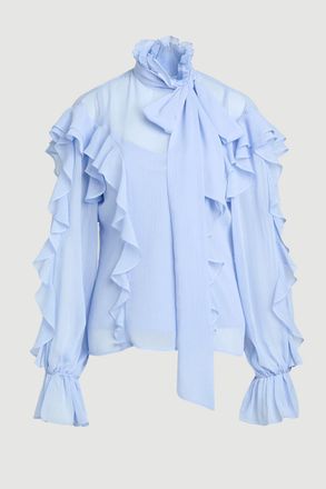 Karen Millen Womens Ruffle Front Crinkle Georgette Pussy Bow Blouse - Light Blue - Size 12 UK