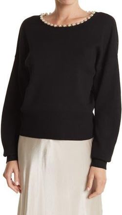 In Cashmere Pearly Bead Trim Crew Neck Dolman Crop Sweater in Black at Nordstrom Rack, Size X-Large