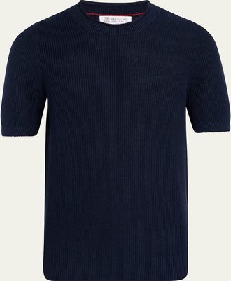 Brunello Cucinelli Mens Ribbed Linen and Cotton Short-Sleeve Crewneck Sweater