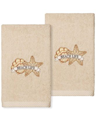 Linum Home Textiles Beach Life - Embroidered Luxury 100% Turkish Cotton Hand Towels (Set Of 2)