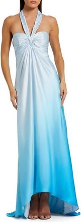 Mac Duggal Charmeuse Tie Halter Neck Ombre Gown in Blue Ombre at Nordstrom, Size 14