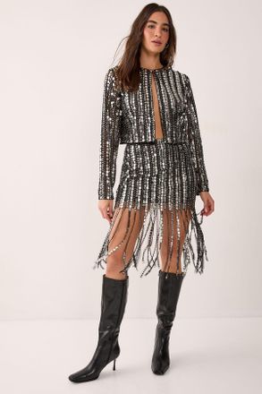 NASTY GAL Womens Beaded Tassel Mini Skirt - Black - Size 8 UK