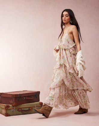 Asos Vestito lungo a balze a fiori con spalline sottili-Multicolore