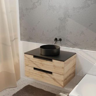 Aurlane Aurlane - Mobile da Bagno 80 cm Sospeso 2 Cassetti - Finitura Legno e Nero - Lavabo Retondo Ø36 cm