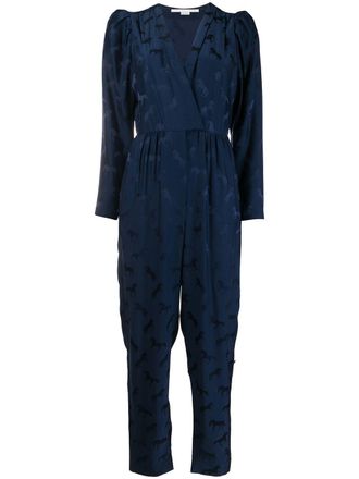 Stella McCartney horse jacquard deep-V jumpsuit - women - Silk/Viscose - 44 - Blue