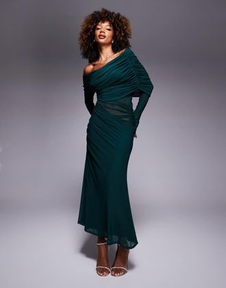 Asos Vestito lungo verde bottiglia a maniche lunghe extra largo in rete mista con scollo alla Bardot