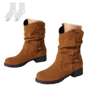 Generic Womens Winter Ankle Boots with A Low Block Heel, Fashionable Slip-On Boots in A Suede Look with A Pleated Design And Non-Slip Sole, Comfortable Winter