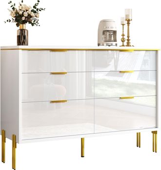 STILVORA Aparador Con 6 Cajones Y Tiradores Dorados, Frentes Brillantes, Estilo Moderno, En Tablero De Part&iacute;culas, Blanco, 120&times;40&times;85,5 Cm