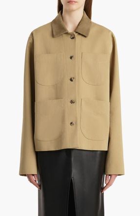 Khaite Wyatt Suede Collar Cotton Gabardine Chore Coat in Wheat at Nordstrom, Size Medium