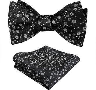 Alizeal Mens Floral Patterned Colorful Classic Self Tied Bow Tie and Pocket Square Set, Black+Gray+White