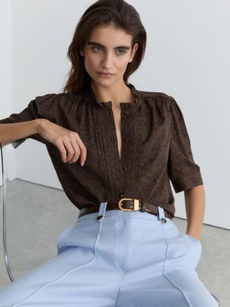 Reiss Black Matte-silk Animal-print Blouse, 18