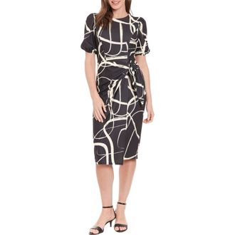 London Times Print Side Tie Puff Sleeve Dress in Black/Cream at Nordstrom Rack, Size 10
