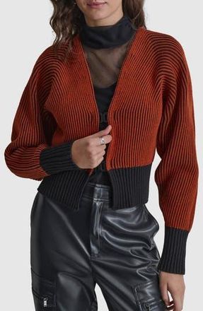 DKNY Contrast Rib Cardigan in Russet/Black at Nordstrom Rack, Size Large