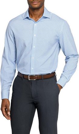 W.R.K Slim Fit Blue Geometric Print Performance Dress Shirt in White/Blue at Nordstrom, Size 16.5 - R