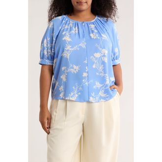 Nordstrom Rack Gathered Neck Puff Sleeve Top in Blue Cornflower Ava Botanical at Nordstrom Rack, Size 3 X