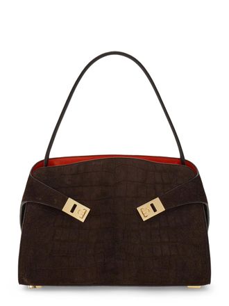 Ferragamo Structured Crocodile-Embossed Handbag with Gold-tone Accents