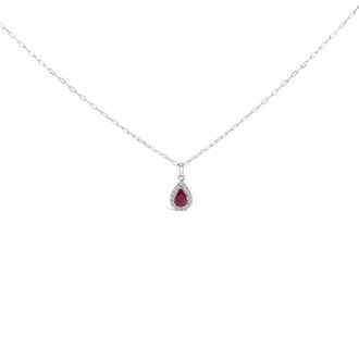 House of Brilliance 14K White Gold 6x4 Pear Red Ruby and Diamond Halo Pendant Necklace - 18 Inches