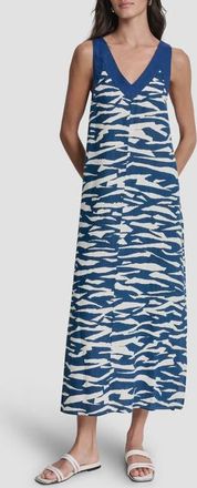 DKNY Print Colorblock Linen Midi Dress in Tidal Break/Admiral at Nordstrom, Size X-Small