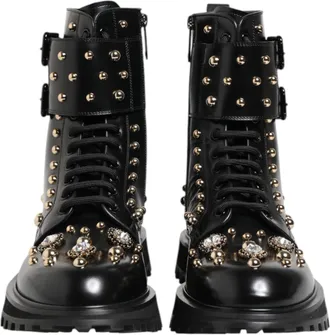Dolce & Gabbana Black Studded Lace Up Mid Calf Boots Mens Shoes