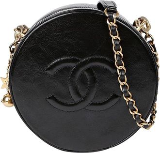Chanel Black Leather CC Logo Charm Round Tote