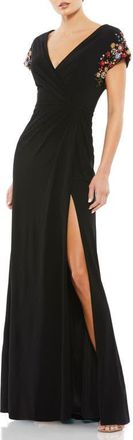 Mac Duggal Embellished Cap Sleeve Jersey Wrap Gown in Black Multi at Nordstrom, Size 2