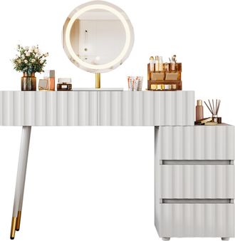 STILVORA Tocador Con 5 Cajones, Espejo Led De 3 Niveles Y Mueble Lateral Reversible, En Mdf, 100 X 40 X 127 Cm, Blanco