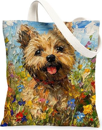 Generic Spring Cairn Terrier Dog Canvas Tote Bag for Shopping 13x15, Oil Painting Wildflower Puppy Reusable Grocery Print Pattern Bag for Women, Fun Pet Beach