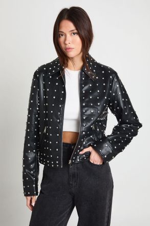Boohoo Womens Super Soft Premium Faux Leather Diamante Jacket - Black - Size 12 UK