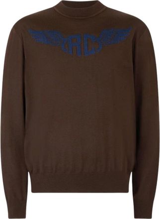 Roberto Cavalli Wollen trui met gevleugeld logo - Heren - Ronde hals truien - Bruin - XL - Wol - Truien & Vesten