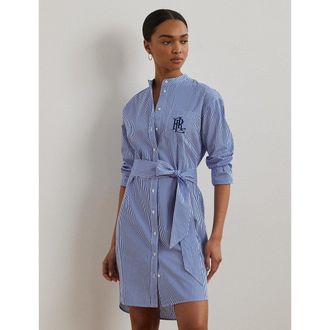 Ralph Lauren Korte gestreepte hemdjurk, Mao-kraag, lange mouwen