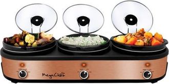MegaChef Triple 2.5 Quart Slow Cooker and Buffet Server in Brushed Copper and Black Finish with 3 Ceramic Cooking Pots and Removable Lid Rests at