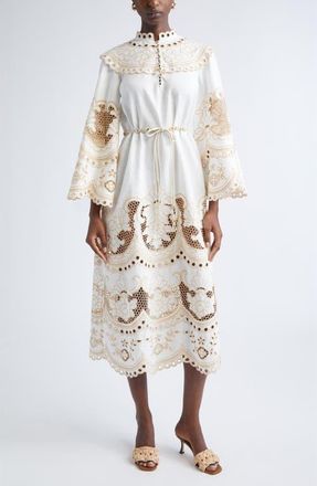 Zimmermann Scalloped Eyelet Trim Belted Linen Midi Dress in Ivory at Nordstrom, Size 0P
