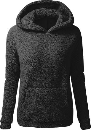 Generic Fleece Hoodie for Women UK Polar Fleece with Kangaroo Pockets Long Sleeve Pull On Hooded Swearshirts Winter Warm Jumper for Ladies Casual Black M