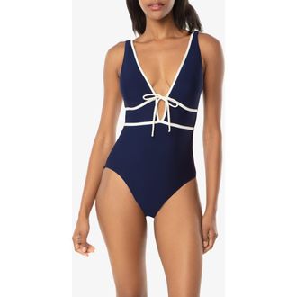 Helen Jon Plunge Front Tie One-Piece in Navy Ivory at Nordstrom, Size X-Small