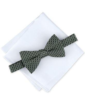 Alfani Mens Pre-Tied Geo Bow Tie & Solid Pocket Square Set - Green
