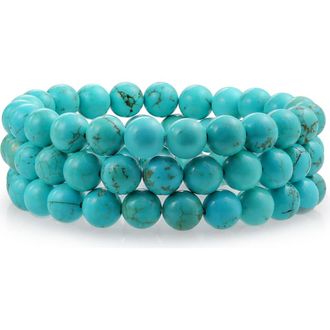 Bling Jewelry Set of 3 Turquoise Bead Multi Strand Stretch Bracelet in Aqua Turquoise at Nordstrom Rack, Size 7