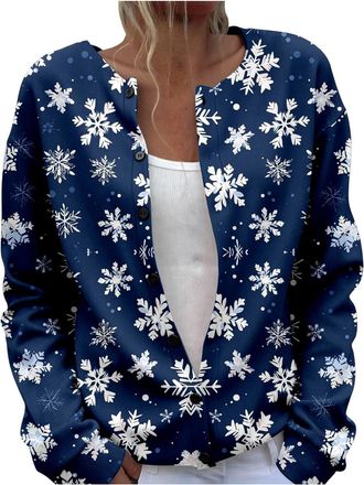 Generic Womens Cardigans Funny Casual Button Down Sweater Christmas Snowflakes Print Knitted Coats Warm Comfortable Textured Cardigan Sweaters Plus Size Knitw