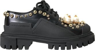 Dolce & Gabbana Zwarte Leren Trekking Derby Schoenen - Dames - Veterlaarzen - Zwart - 35 1/2 EU - Leer - Schoenen