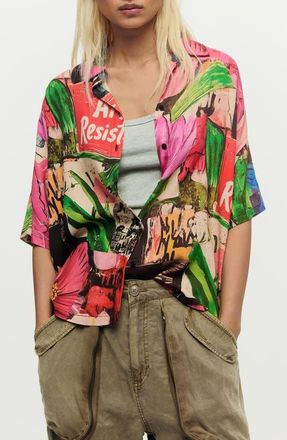 Desigual Collage Print Woven Button-Up Shirt in Pink at Nordstrom, Size X-Large