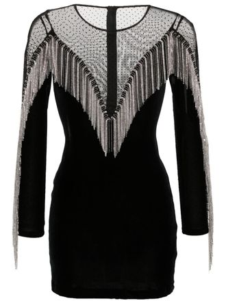 Nissa fringe-detail velvet mini dress - women - Spandex/Elastane/Polyester - 36 - Black