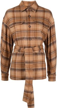 Polo Ralph Lauren plaid-check belted shirt - women - Wool/Polyamide/Other fibres - 12 - Brown
