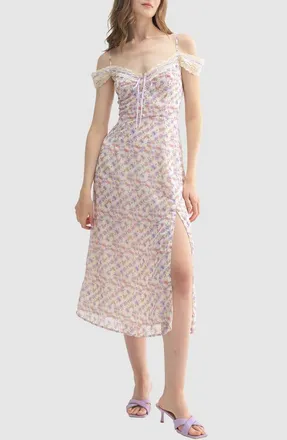 All in Favor Lace Trim Satin Ribbon Cold Shoulder Midi Dress in Cream Lilac at Nordstrom, Size Medium