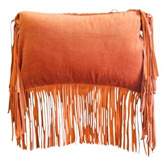 Les-Ottomans Coj&iacute;n de terciopelo de algod&oacute;n y flecos de cuero-naranja