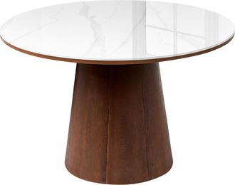 Beliani Mesa De Comedor Redonda Dise&ntilde;o Minimalista De Mdf Cer&aacute;mica Con Efecto M&aacute;rmol 120 Cm Chapado En Madera De Fresno Oscuro Blanco Wylie