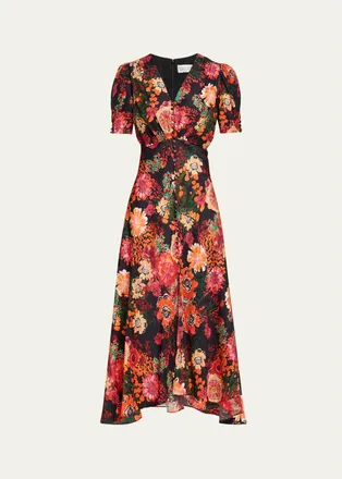 Saloni Lea Floral Silk Jacquard Button-Front Midi Dress